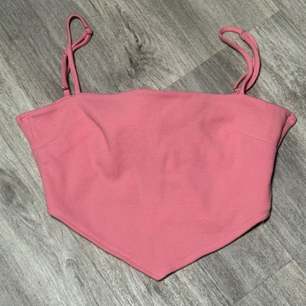 Ribbed Tie Back Crop Top‎ Adjustable Straps Pink Casual Cute Trendy